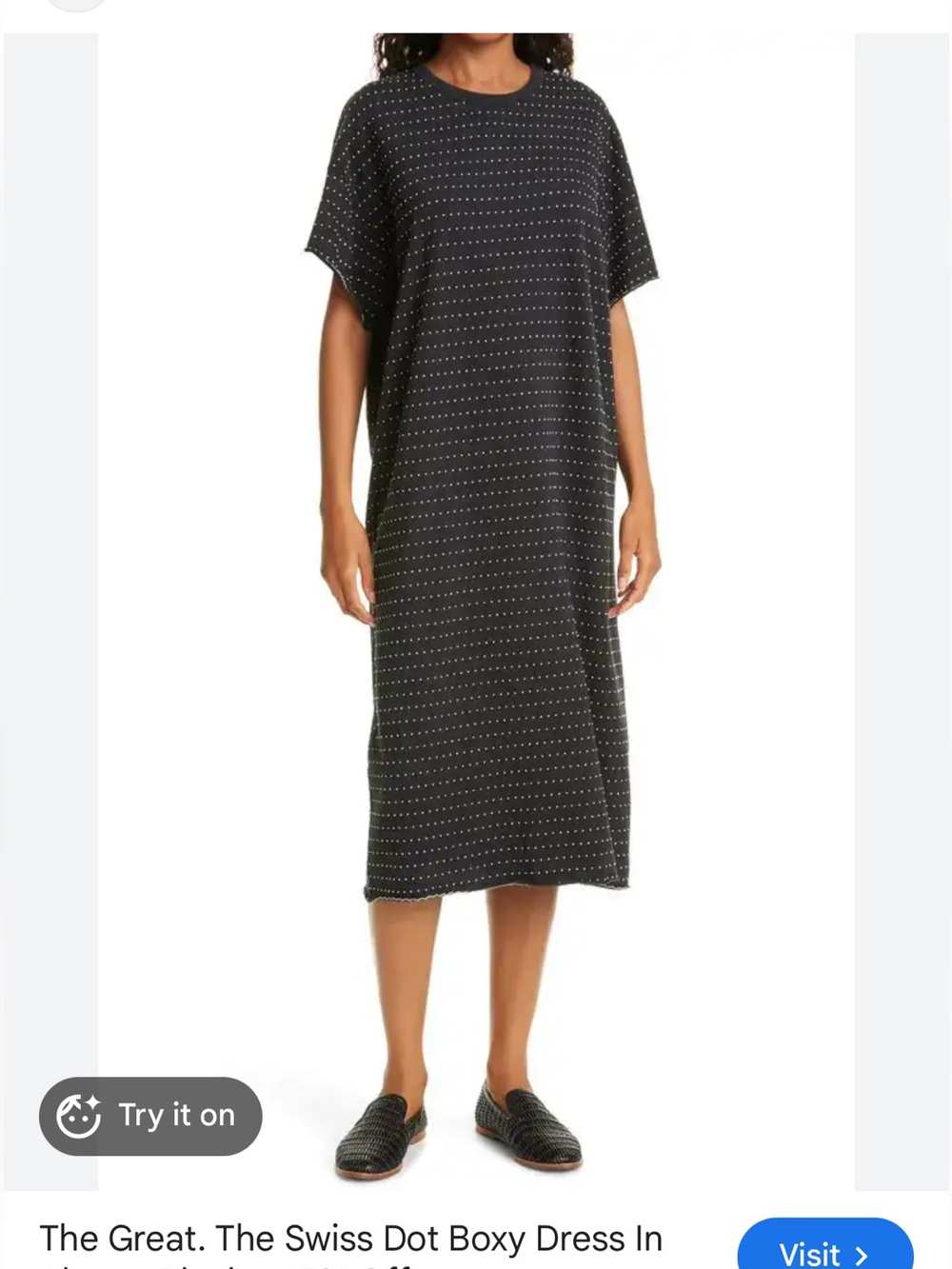 THE GREAT. The Swiss Dot Boxy Dress in Almost Black